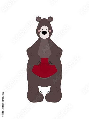 Cute brown bear. A funny fairy-tale animal. Color children's vector illustration in a flat style. Cartoon bear. With a red hat.