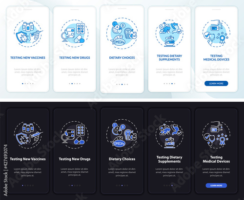 Study types onboarding mobile app page screen with concepts. Drugs, dietary choices walkthrough 5 steps graphic instructions. UI, UX, GUI vector template with linear night and day mode illustrations