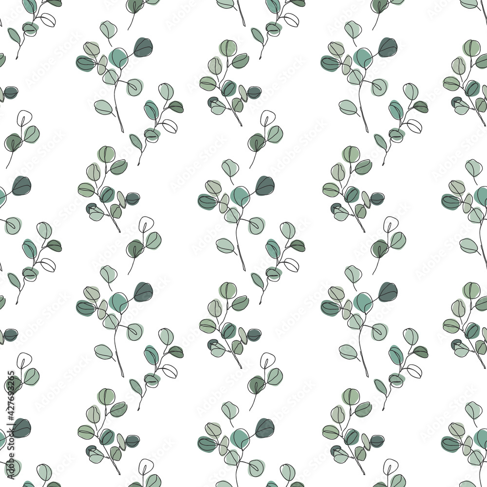 Eucalyptus branches in modern single line art style, seamless pattern. Continuous line drawing, aesthetic contour for textile, packaging, wallpapers, wrapping paper. Vector illustration Eucalyptus branches in modern single line art style, seamless pattern. Continuous line drawing, aesthetic contour for textile, packaging, wallpapers, wrapping paper. Vector illustration
