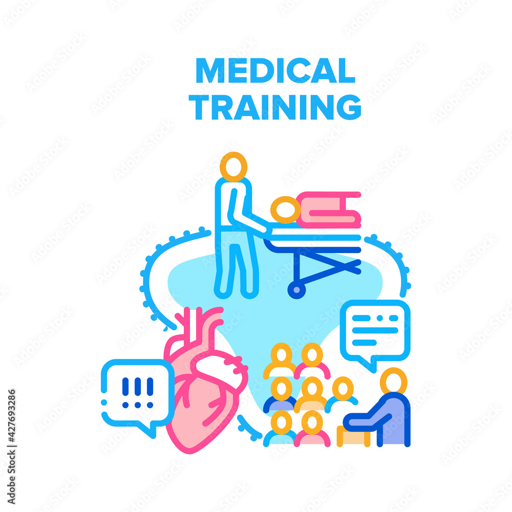 Medical Training Vector Icon Concept. Medical Training For Emergency And First Aid, Heart Health Examination And Diagnosis, Medicine Conference Or Education. Hospital Color Illustration