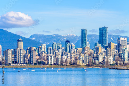Fantastic view over ocean, yacht and snow mountains in Vancouver, Canada.