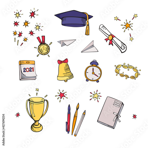 Graduete and education vector icons set. Hand dawing cartoon colorful illustration isolated on white background.