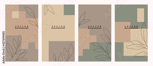 Vector set of abstract backgrounds  with hand drawn minimalistic plant elements, branch and leaves. Perfect for social media stories,wallpaper for invitations, cards, cover,  presentation. 