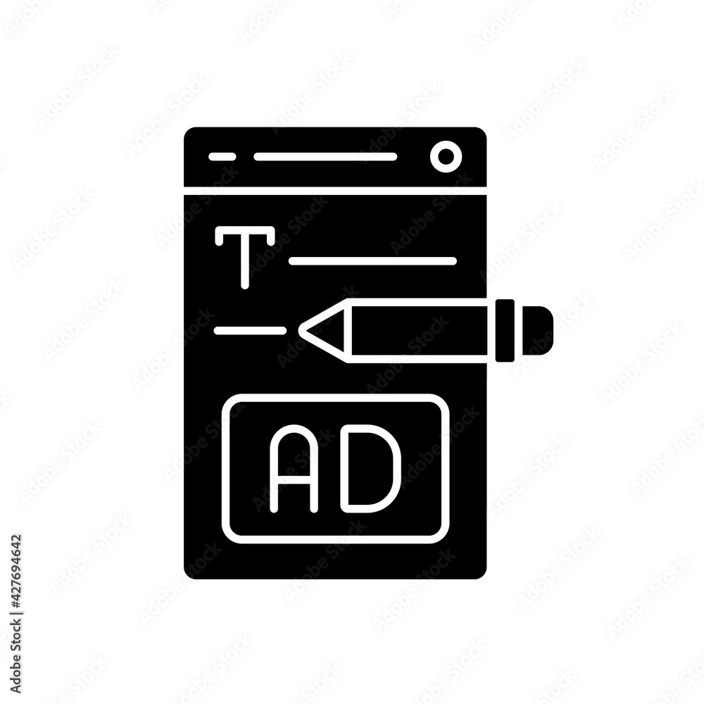 Writing text ads black glyph icon. Copywriting services for e commerce. Engaging content for online marketing. Writing commercial text. Silhouette symbol on white space. Vector isolated illustration Writing text ads black glyph icon. Copywriting services for e commerce. Engaging content for online marketing. Writing commercial text. Silhouette symbol on white space. Vector isolated illustration