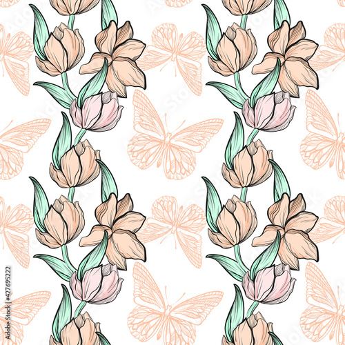 beautiful seamless pattern with hand-drawn flowers and butterflies. Summer motives in a watercolor theme. Ideal for banners, flyers, backgrounds, prints, invitations, fabrics. EPS10