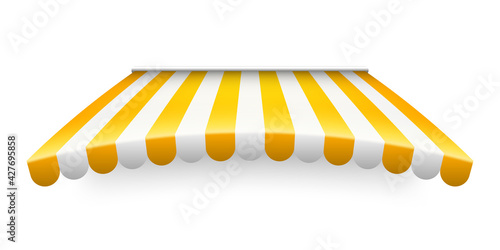 Yellow shop sunshade isolated on white background. Realistic striped cafe awning. Outdoor market tent. Roof canopy. Summer street store. Vector illustration.