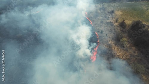 Man watching the fire. Aerial view Spring fires. Emissions of dust and nitrogen oxides entering the atmosphere. Smoke emitted during a fire. Large-scale fires. photo