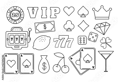 Casino collection vector icons set. Isolated on white Background. Casino Emblems and Labels, Sign, Slot Machine, Roulette, Poker, Dice Game. Vector illustration