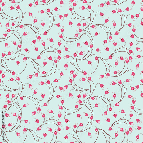 Ditsy pattern. Vector floral seamless texture. Abstract background with simple small flowers on twigs. Liberty style wallpapers. Pink and aqua green color. Elegant repeat design for decor, textile
