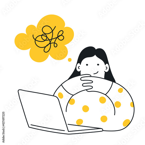 Contemplations, figuring out, untangling, and problem-solving. Cute cartoon girl sitting in front of the laptop and thinking about the existing problems.