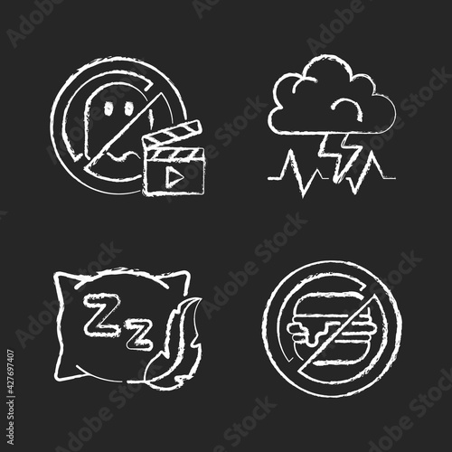 Causes for bad sleep chalk white icons set on black background. No horror movie. Stress, anxiety. Comfortable pillow. No junk food. Insomnia prevention tips. Isolated vector chalkboard illustrations