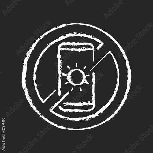 No devices chalk white icon on black background. Digital detox. Avoid bright mobile screen before bedtime. Limit smartphone use, improve sleep hygiene. Isolated vector chalkboard illustration