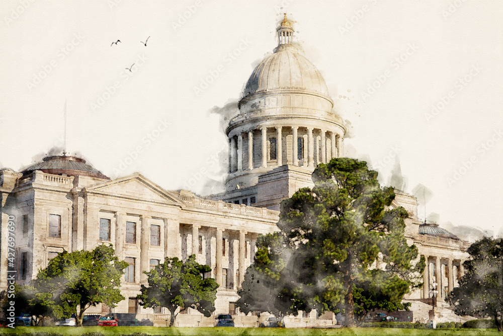 Obraz premium Arkansas State Capitol, the Capitol Building in Little Rock, Arkansas, USA. Aquarelle, watercolor illustration.