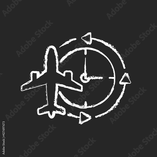 Jet lag chalk white icon on black background. Sleep disorder. Time zones change due to international flight. Fatigue from traveling by plane. Isolated vector chalkboard illustration