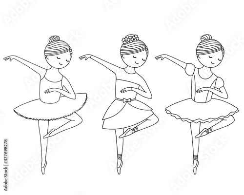 Set of outline images on a white background. Beautiful little ballerina in pointe shoes and dress.