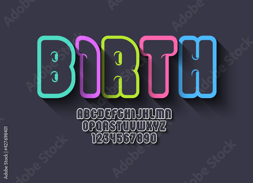 Font from multi colored contour, child alphabet in the cartoon style, multicolored bright rounded cute uppercase Latin letters from A to Z and Arab numbers from 0 to 9, vector illustration 10EPS
