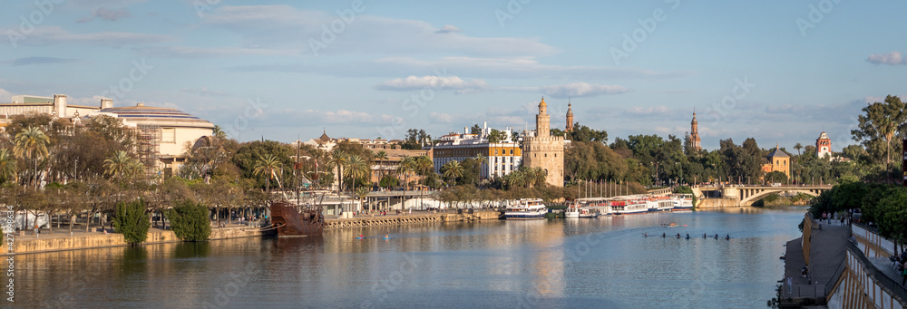 Panoramic view of the city of Seville in Spain and the Guadalquivir river