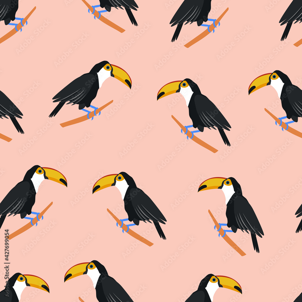 toucan. tropical bird. seamless pattern with toucans. stock vector illustration isolated on pink background. toucan. tropical bird. seamless pattern with toucans. stock vector illustration isolated on pink background.