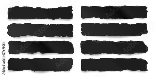 Ripped black paper strips isolated on white background. Realistic crumpled paper scraps with torn edges. Shreds of notebook pages. Vector illustration.