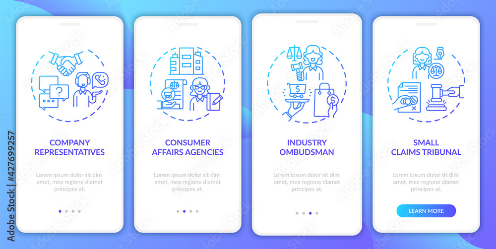 Customer protect services onboarding mobile app page screen with concepts. Small claims tribunal walkthrough 4 steps graphic instructions. UI, UX, GUI vector template with linear color illustrations