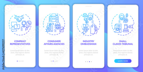 Customer protect services onboarding mobile app page screen with concepts. Small claims tribunal walkthrough 4 steps graphic instructions. UI  UX  GUI vector template with linear color illustrations