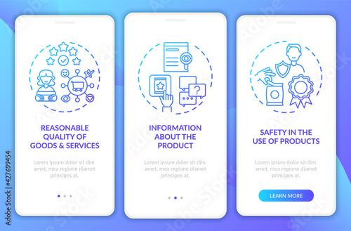 Customer rights onboarding mobile app page screen with concepts. Information about product walkthrough 3 steps graphic instructions. UI, UX, GUI vector template with linear color illustrations