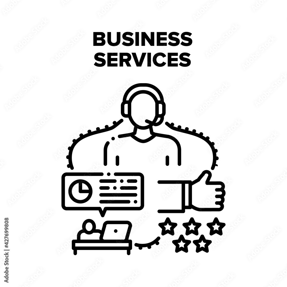 Business Services And Support Vector Icon Concept. Operator Advice Online Helping Client And Discussing Through Telephone, Analyzing Financial Chart Business Services Black Illustration Business Services And Support Vector Icon Concept. Operator Advice Online Helping Client And Discussing Through Telephone, Analyzing Financial Chart Business Services Black Illustration