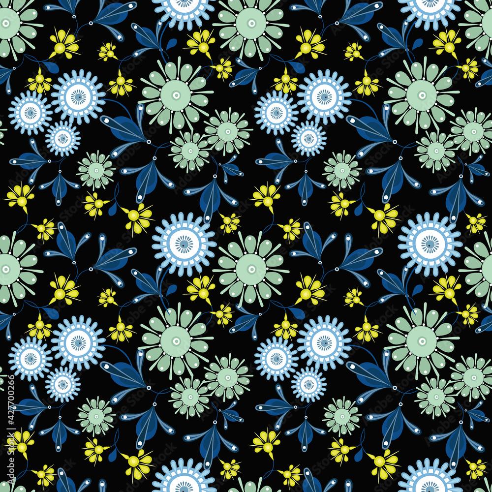 Floral seamless pattern in ethnic painting style. Elegant vector hand drawn texture with small flowers, leaves, buds. Modern folk ornamental background. Blue, green, yellow, black color. Repeat design