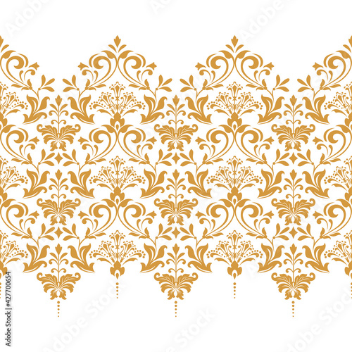 Wallpaper in the style of Baroque. Seamless vector background. White and gold floral ornament. Graphic pattern for fabric, wallpaper, packaging. Ornate Damask flower ornament