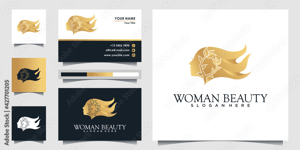 Woman logo with modern hair style, gradient color concept and busines card for beauty salon Premium Vector Woman logo with modern hair style, gradient color concept and busines card for beauty salon Premium Vector