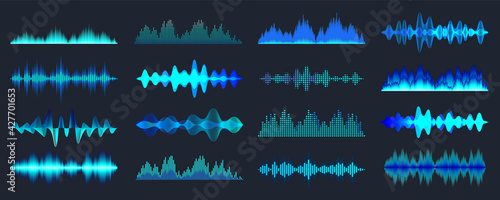 Blue colorful sound waves collection. Analog and digital audio signal. Music equalizer. Interference voice recording. High frequency radio wave. Vector illustration.