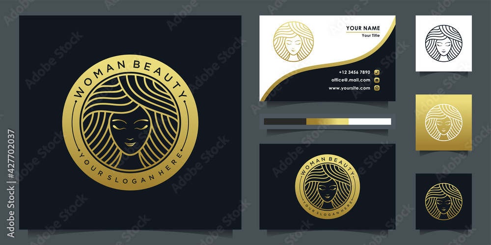 Woman logo with golden gradient colours emblem style and business card ...