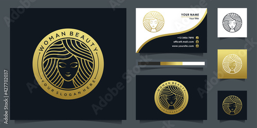 Woman logo with golden gradient colours emblem style and business card design template for business beauty salon Premium Vector