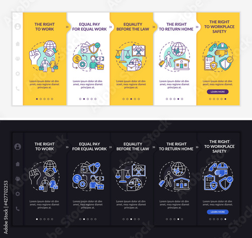 Migrant workers rights onboarding vector template. Responsive mobile website with icons. Web page walkthrough 5 step screens. Immigrant protection light and dark concept with linear illustrations