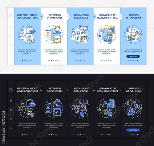 Migrant workers rights violations onboarding vector template. Responsive mobile website with icons. Web page walkthrough 5 step screens. Discrimination light and dark concept with linear illustrations