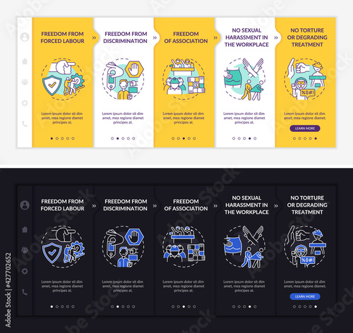 Migrant workers freedoms onboarding vector template. Responsive mobile website with icons. Web page walkthrough 5 step screens. Immigrant right light and dark concept with linear illustrations