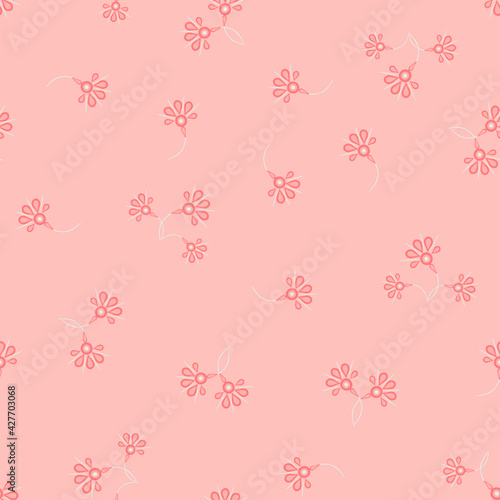 Simple vector floral seamless pattern. Abstract background with small scattered hand drawn flowers. Liberty style wallpapers. Elegant ditsy texture. Cute pink color. Repeat minimal decorative design