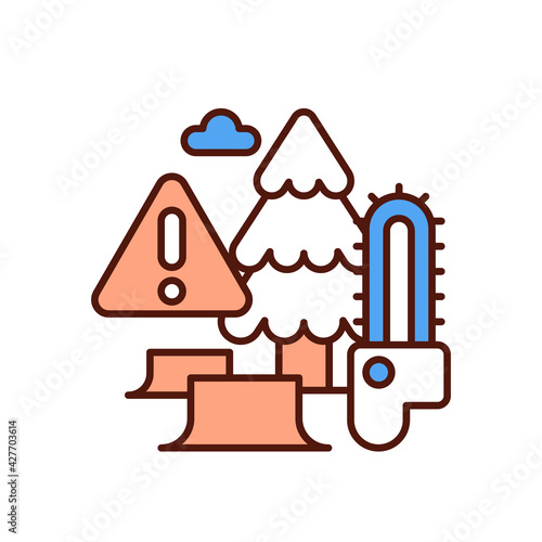 Deforestation RGB color icon. Clearcutting. Permanent trees removal. Forest destruction and degradation. Vegetation loss. Agriculture, logging and road construction. Isolated vector illustration