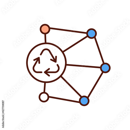 Recycle management RGB color icon. Recycling sites network. Trash collection service. Waste materials converting into new products. Circular economy. Garbage disposal. Isolated vector illustration