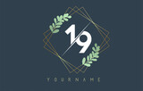 Number 19 1 9 Logo With golden square frames and green leaf design. Creative vector illustration with numbers 1 and 9.
