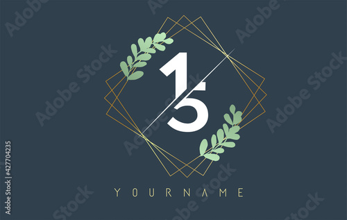 Number 15 1 5 Logo With golden square frames and green leaf design. Creative vector illustration with numbers 1 and 5.