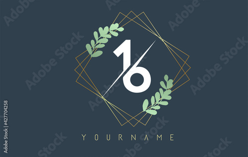 Number 16 1 6 Logo With golden square frames and green leaf design. Creative vector illustration with numbers 1 and 6.