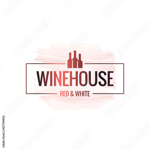 Wine bottle watercolor logo. Wine house border