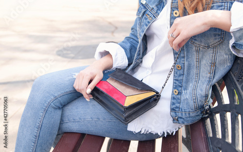 Young woman with handbag sitting on bench.