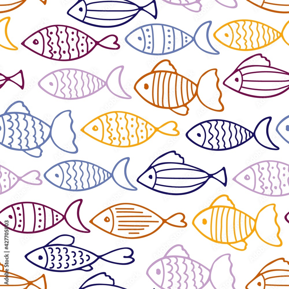 Multi-colored fish seamless pattern. Absrtact Fish icon backgroung. Sketch of fish vector isolated on white background. Varieties cartoon fishes for children's wallpaper, fabrics, scrapbooking. Multi-colored fish seamless pattern. Absrtact Fish icon backgroung. Sketch of fish vector isolated on white background. Varieties cartoon fishes for children's wallpaper, fabrics, scrapbooking.