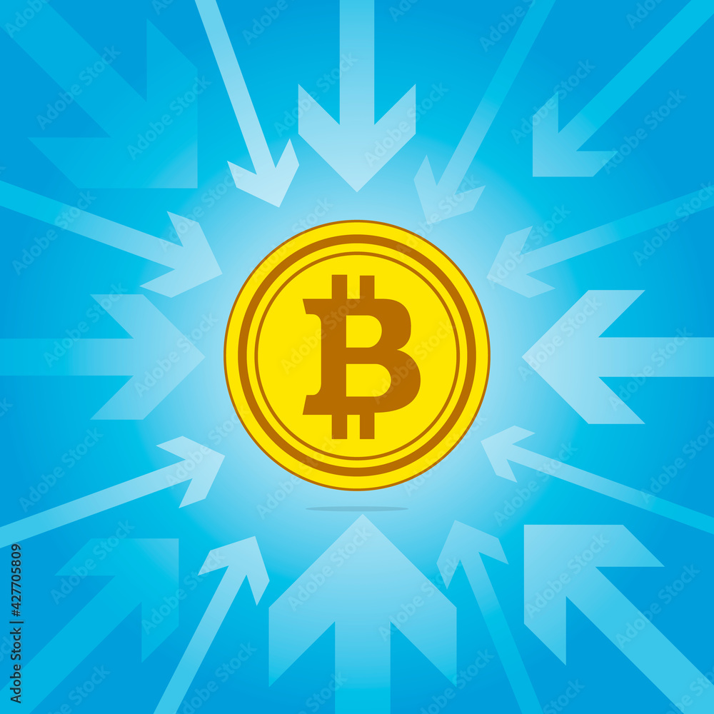 Bitcoin is the focus. The gold coin of the virtual crypto currency in the center is surrounded by arrows aimed at it. Arrows in a circle are directed to the center. Banner template Bitcoin is the focus. The gold coin of the virtual crypto currency in the center is surrounded by arrows aimed at it. Arrows in a circle are directed to the center. Banner template
