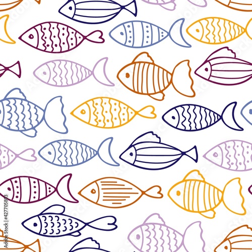 Multi-colored fish seamless pattern. Absrtact Fish icon backgroung. Sketch of fish vector isolated on white background. Varieties cartoon fishes for children's wallpaper, fabrics, scrapbooking. © Елена Кутузова