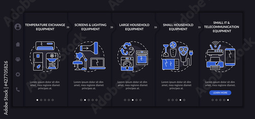 E-trash classification onboarding vector template. Responsive mobile website with icons. Web page walkthrough 5 step screens. Appliances, devices night mode concept with linear illustrations