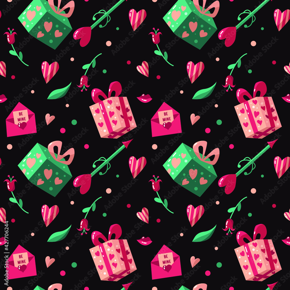 Valentines day seamless pattern on a dark background. Cute gift boxes, heart, lips, envelope with a letter, cupid's arrow, flower. Perfect for printing on fabric, paper. Valentines day seamless pattern on a dark background. Cute gift boxes, heart, lips, envelope with a letter, cupid's arrow, flower. Perfect for printing on fabric, paper.