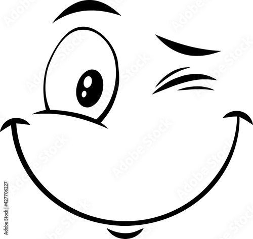 Outlined Winking Cartoon Funny Face With Smiling Expression. Vector Illustration Isolated On White Background